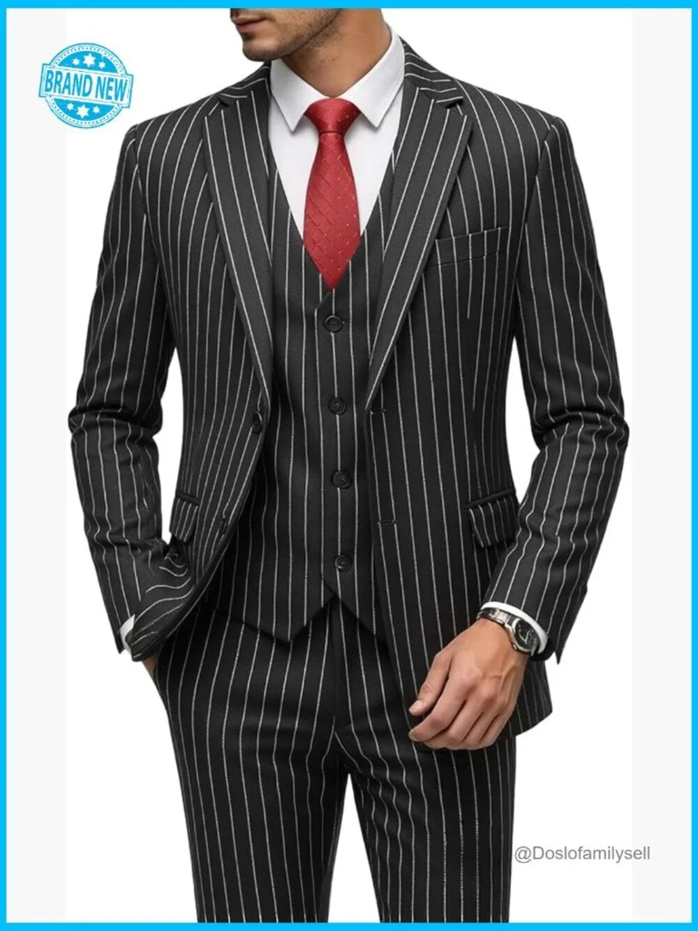 Slim Fit Pinstripe Suit Set Classic Elegant Formal Tuxedo Jacket Vest Pants